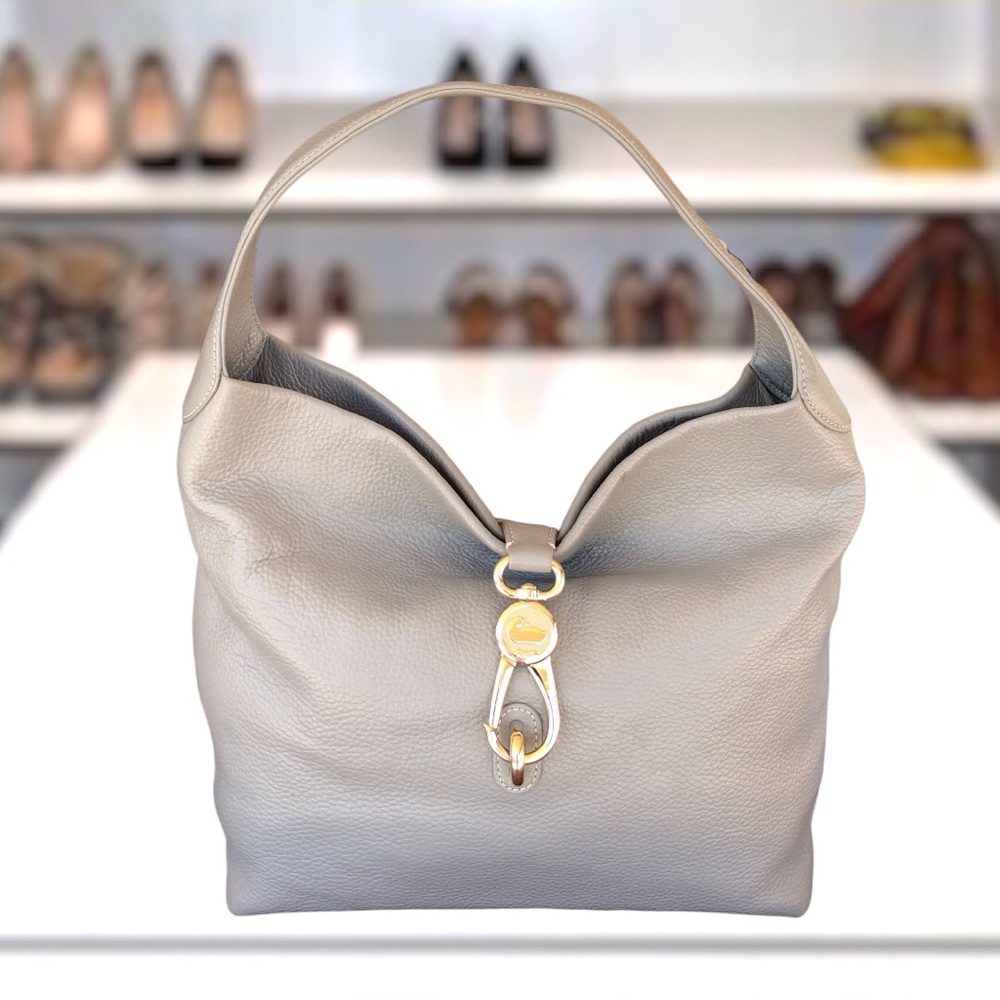 Dooney & Bourke Belvedere Pebble Leather Logo Lock Shoulder Bag Soft Gray - Picture 2 of 16